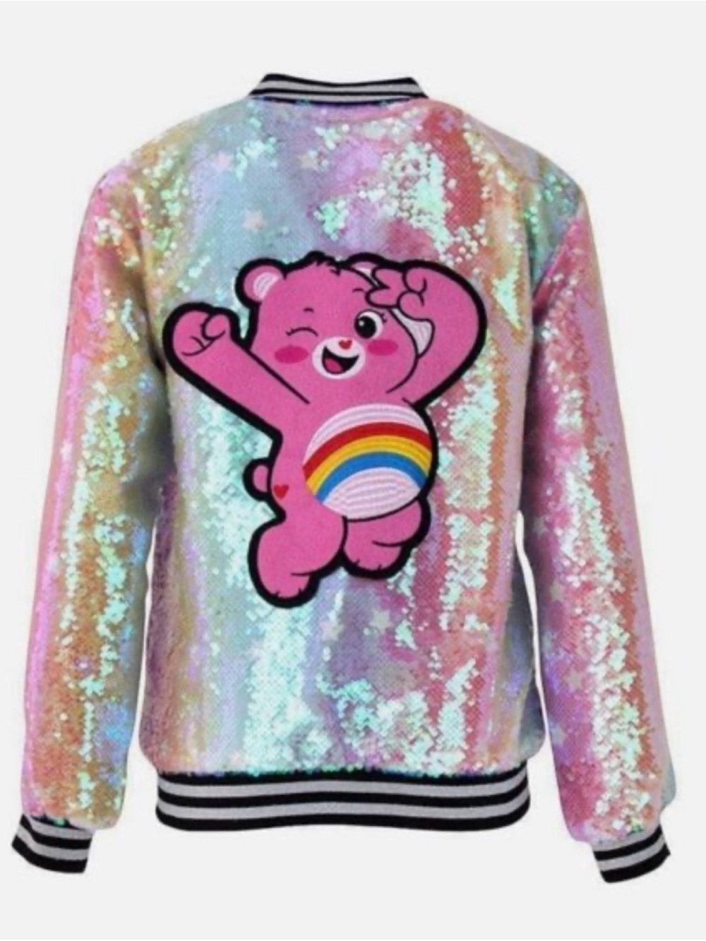 NWT Rare Sold OUT Lola + The Boys Iridescent Sequin Pink Care Bear Jacket Size L
